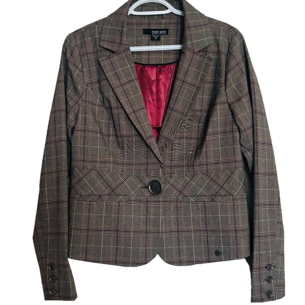 Nicole Benisti Point Zero Plaid One button Hip Length Blazer Peplum Back